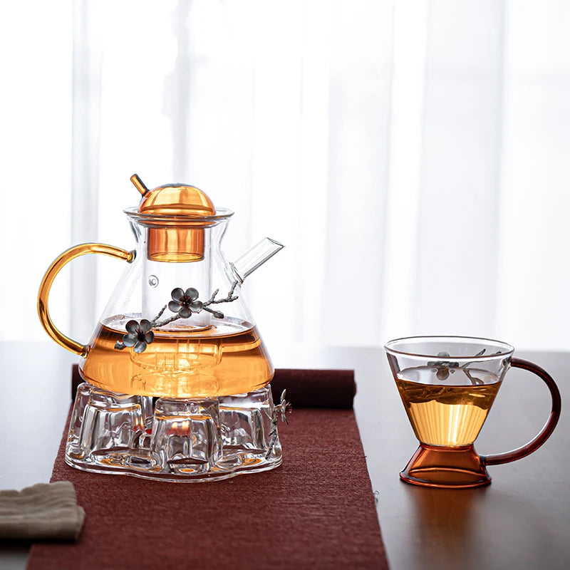 New Design Portable Bososilicate Glass Teapot Sets Tea Cup With Tea Warmer