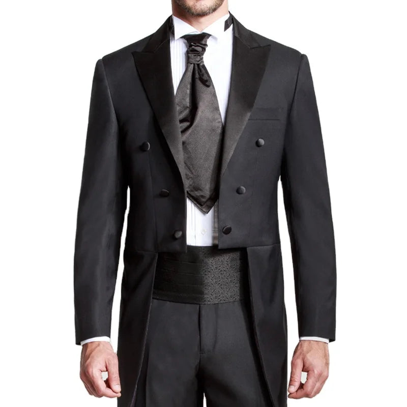 Custom Made Black Groom Tailcoat Pant Suit Peaked Lapel Long Tail Men Wedding Suits Bridegroom Best Groomsmen Wedding Tuxedos