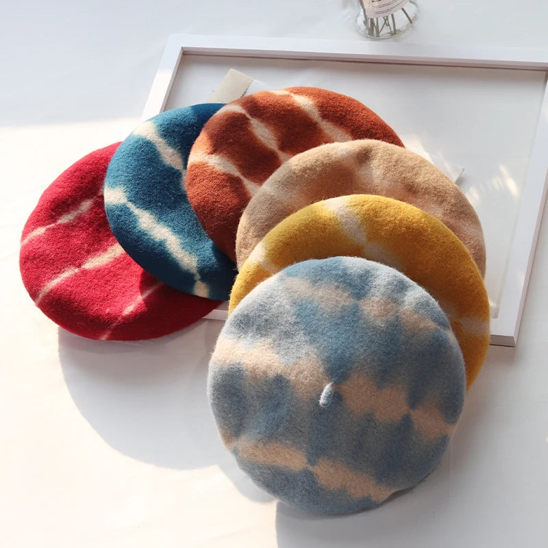 New Arrivals Tie Dye Beret Hat Fashion Winter Warm Knitted Wool Women's Beret Hats