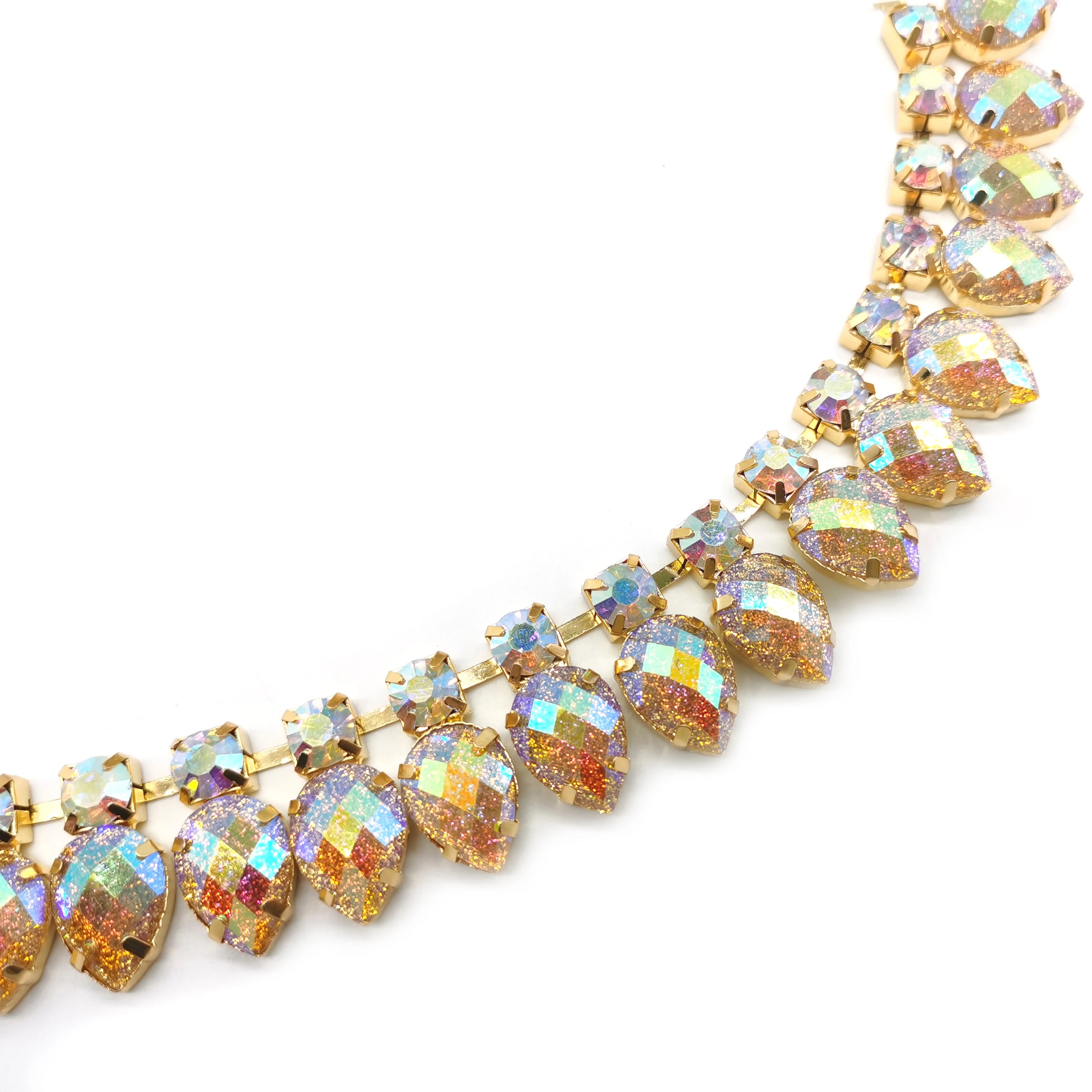 Sparkly Metal Trimming With Glitter Effect Water Drop Yellow AB Resin Rhinestone Trimming Chain for Custom Carnival Dress