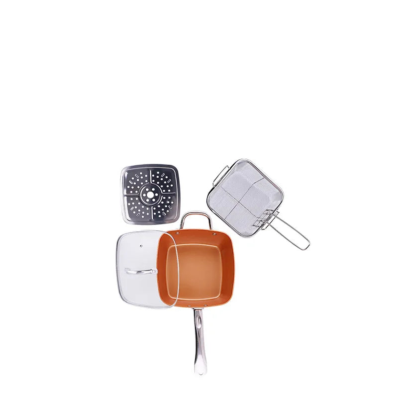 4 Pcs/set Frying Pan Copper Cookware Ceramic Induction Skillet Induction Nonstick Cooking Oven & Dishwasher Safe Square Pot Set