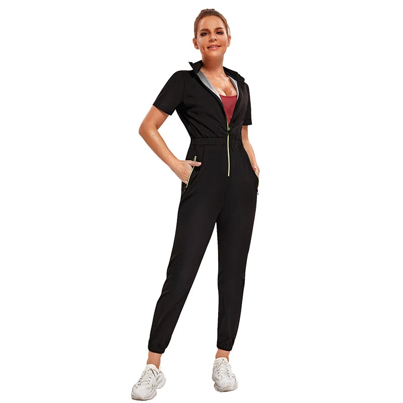 Women Sweat Jumpsuit Sand Collar Workout Sports Heat Trapping Speed up Sweating Weight Loss Sauna Suits