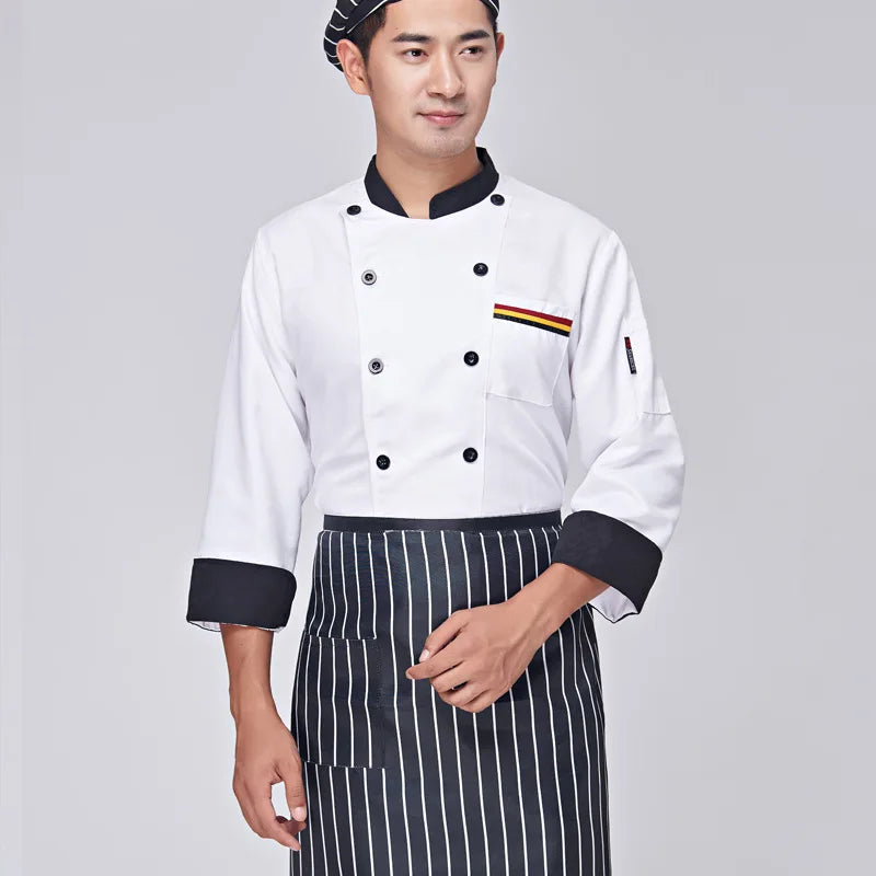 Wholesale Custom Chef's Long Sleeve Work Clothes Catering Restaurant Cafeteria bar Hotel Kitchen Chefs Uniform Jacket and Apron