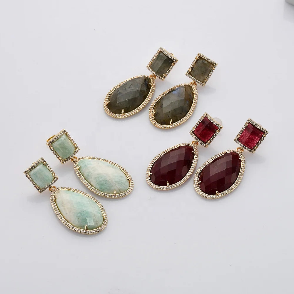 WX2149 Gold Plated Multi-kind Stone Micro Pave Dangle Earrings Natural Gemstone Luxury Drop Earrings