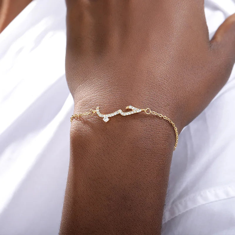 Simple Stainless Steel Cuban Chain Gold Bracelet Jewelry Arabic Statement Charm Zirconia Letter Bracelet Woman Engagement Gift