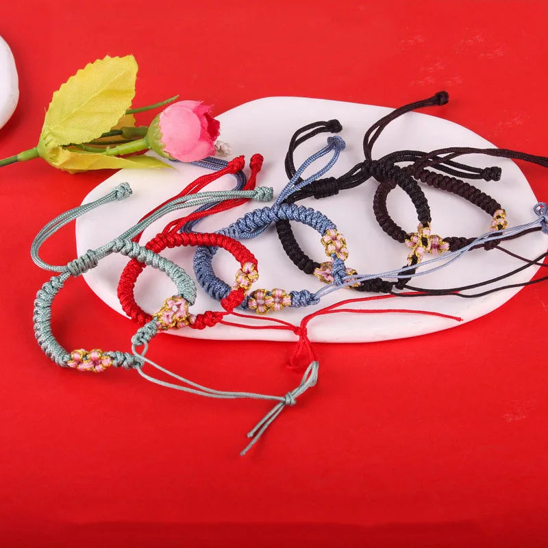 Traditional Handmade Braided Peach Blossom Knot Bracelet Semi-finished Diy Pink Flower Woven Bracelet for Women Girls