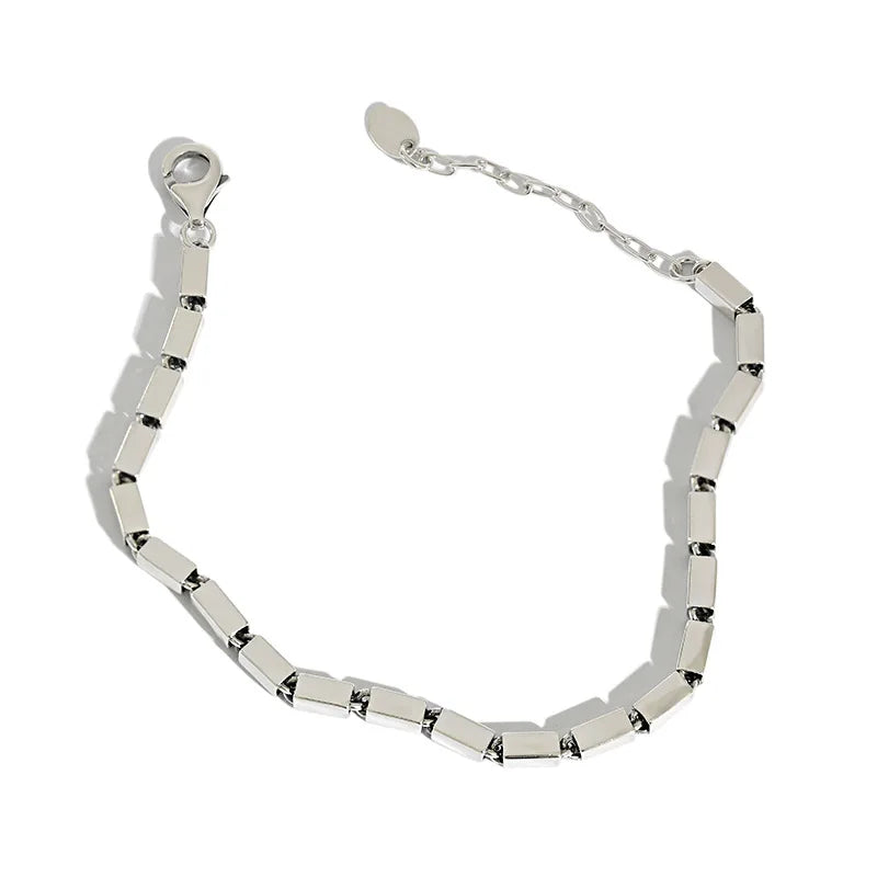 Real Solid 925 Sterling Silver Personalized Cuboid Vintage Polished Linked Chain Women Bracelets