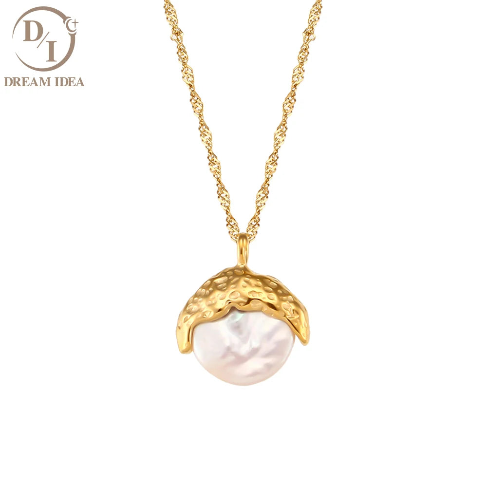 Vintage Baroque Pearl Pendant Necklace Fashion Stainless Steel Necklace 18K Gold Plated Jewelry