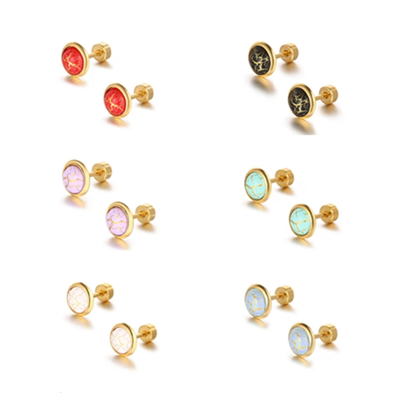 Minimalist Personality Stainless Steel Cute Crack Colorful Round Texture Stud Earrings