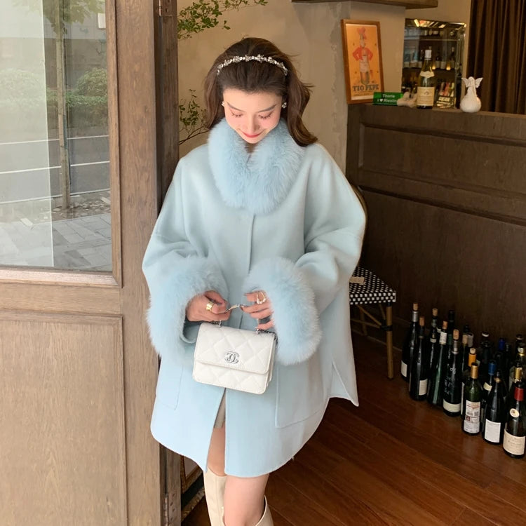 New Fashion Double-sided Cashmere Coat With Real Fox Fur Collar Fluffy Coat Winter Wool Jacket Women