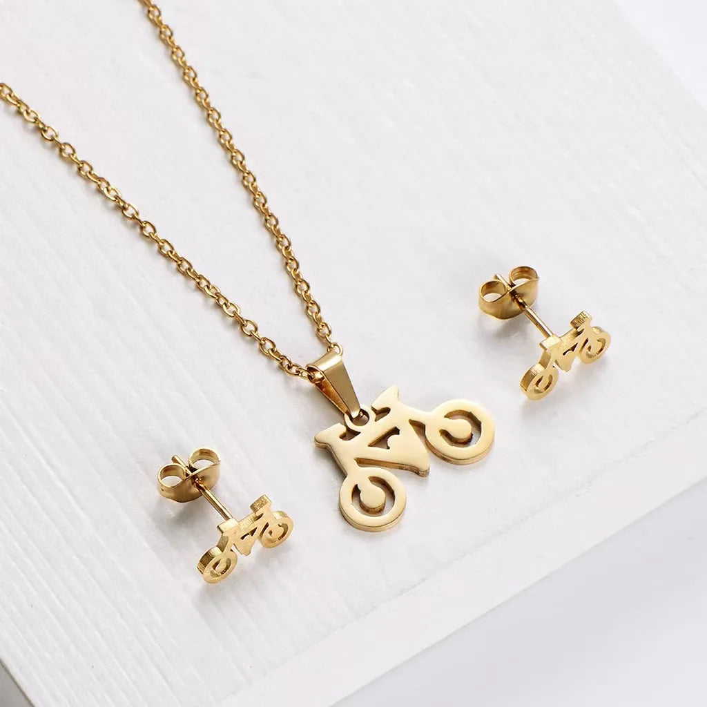 Korean Fashion Jewelry Jewelry Set for Women Pendant Necklace and Earrings Bicycle Bike Stainless Steel 2023 New 18K Gold