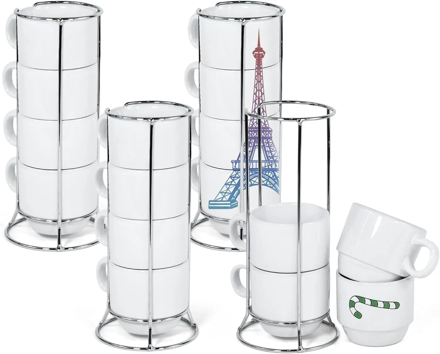 RTS Gift Printing 6oz Sublimation Coffee Mugs Ceramic Blank Cups Set of 4 with Rack for Heat Press DIY Printing