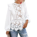 RNSHANGER Boho Women Long Sleeve Floral Lace White Tops Blouses Hollow Out Autumn Beach Elegant Long Sleeve Female Shirt