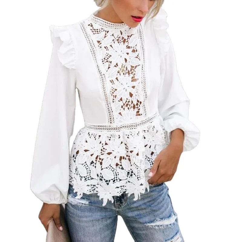 RNSHANGER Boho Women Long Sleeve Floral Lace White Tops Blouses Hollow Out Autumn Beach Elegant Long Sleeve Female Shirt