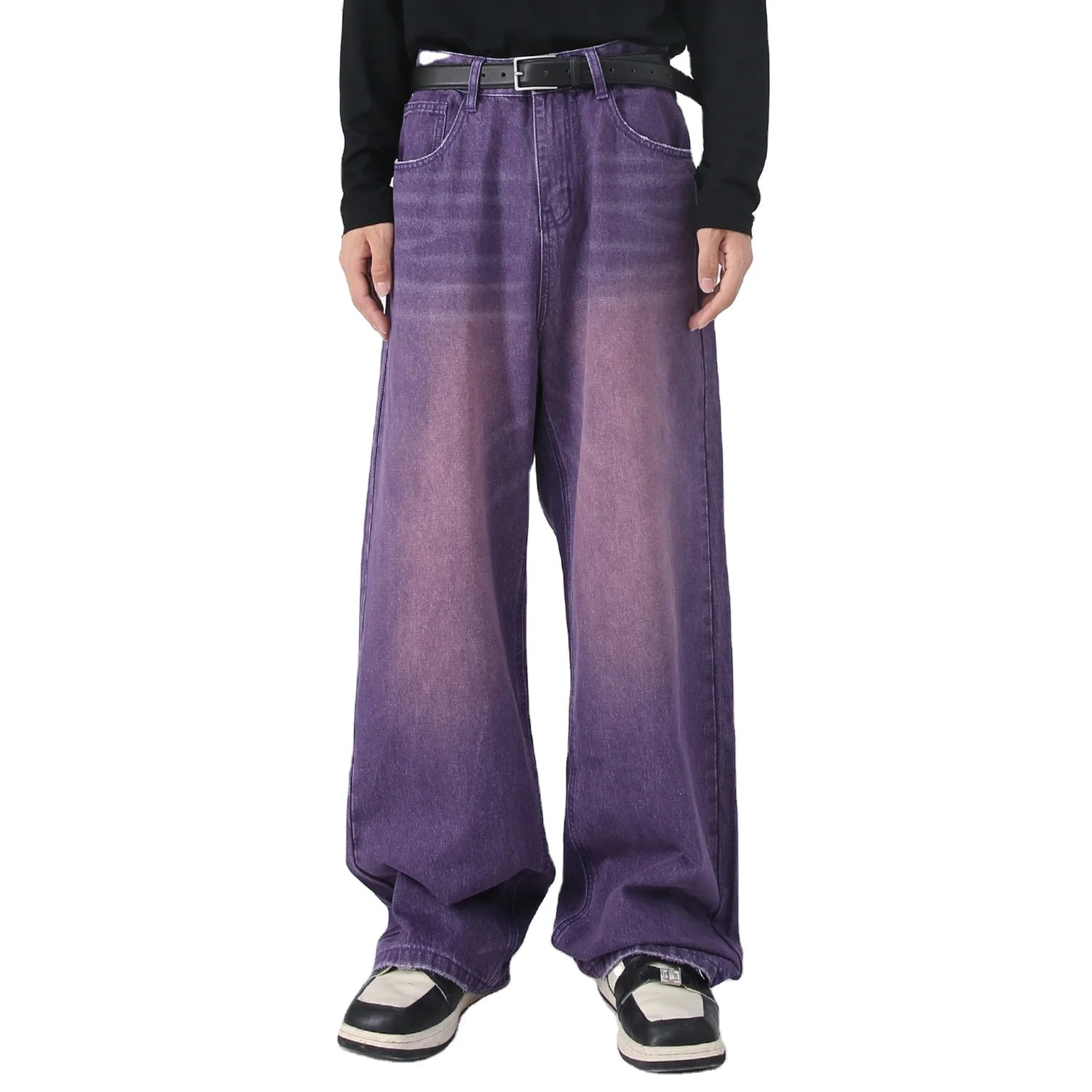 2025 New Men's Casual Jeans Retro Zipper Wide Leg Loose Long Pants with Straight Style Knitted Weaving Outdoor Zipper Pockets