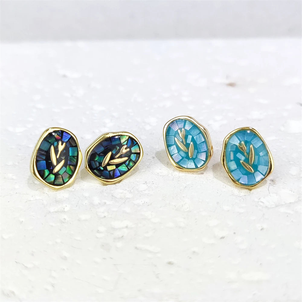 Colorful Oil Painting Style Enamel Jewelry Gold Plated Studs Irregular Earrings Natural Mother of Pearl Shell Tulip Flower Studs