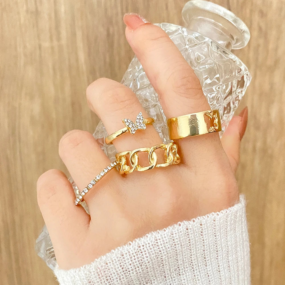VKME Fashion Butterfly Ring Set for Women Gold Color Crystal Simulation Diamond Butterfly Women Chain Ring