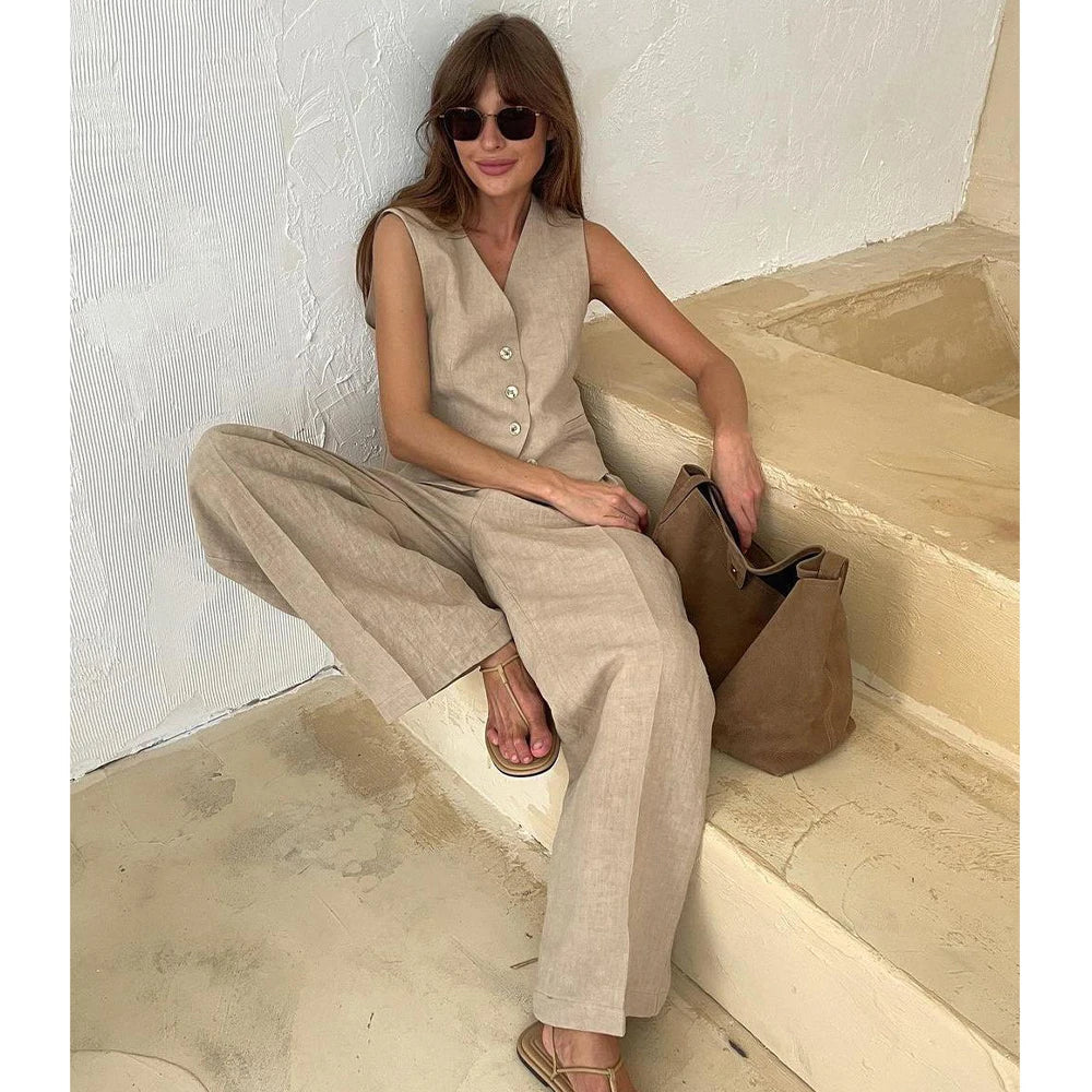 2026 Spring Summer Two Piece Wide Leg Pants Set Women V-neck Single Breasted Sleeveless Vest+Straight Wide Leg Shorts Suit Set