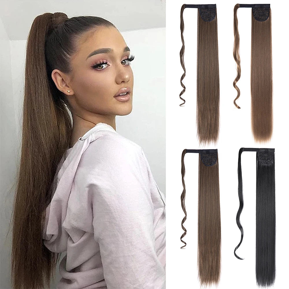 Factory Price Cheap 34inch 120g Synthetic Hair Straight Adjustable Wrap Around Hair Ponytail Extension