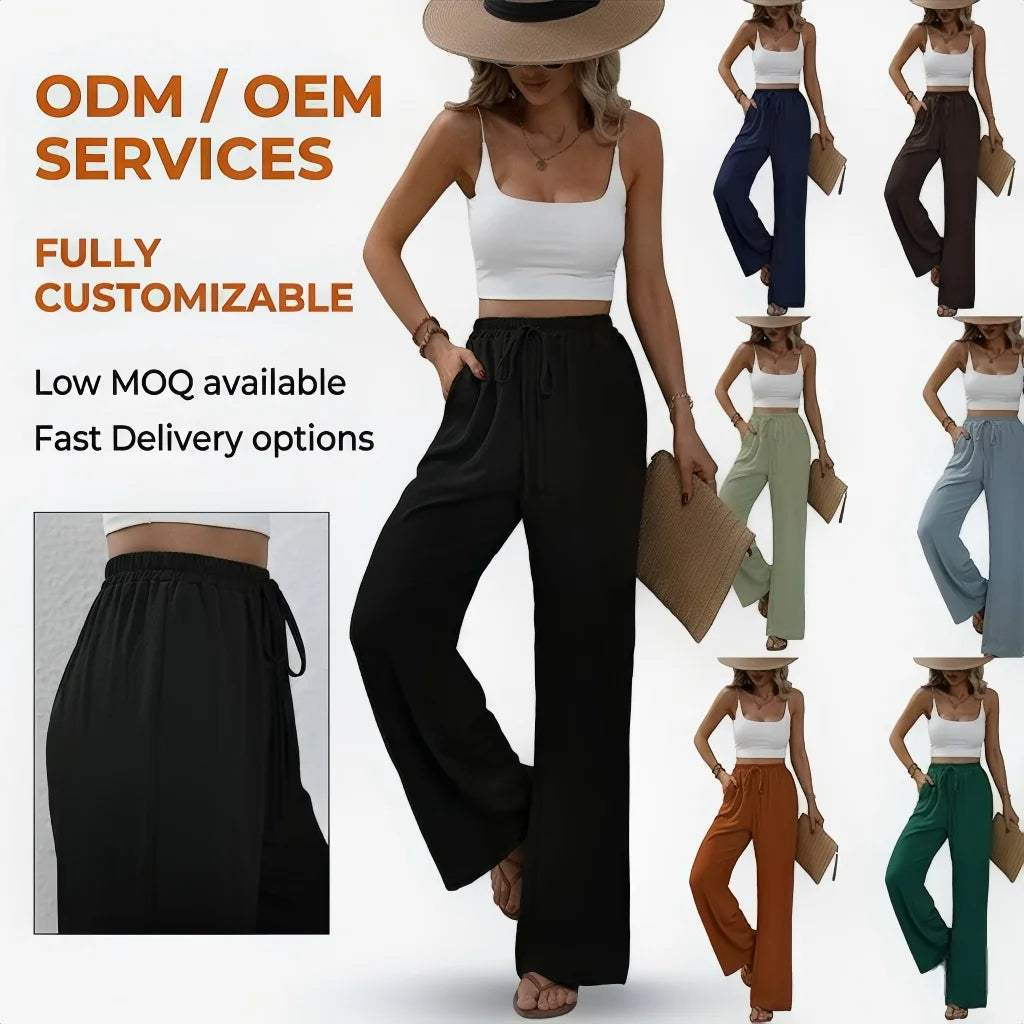 Women's Spring Casual Solid Color Wide-Leg Pants Breathable and Anti-Static Elastic Waist Trusser with Loose Fit ODM OEM