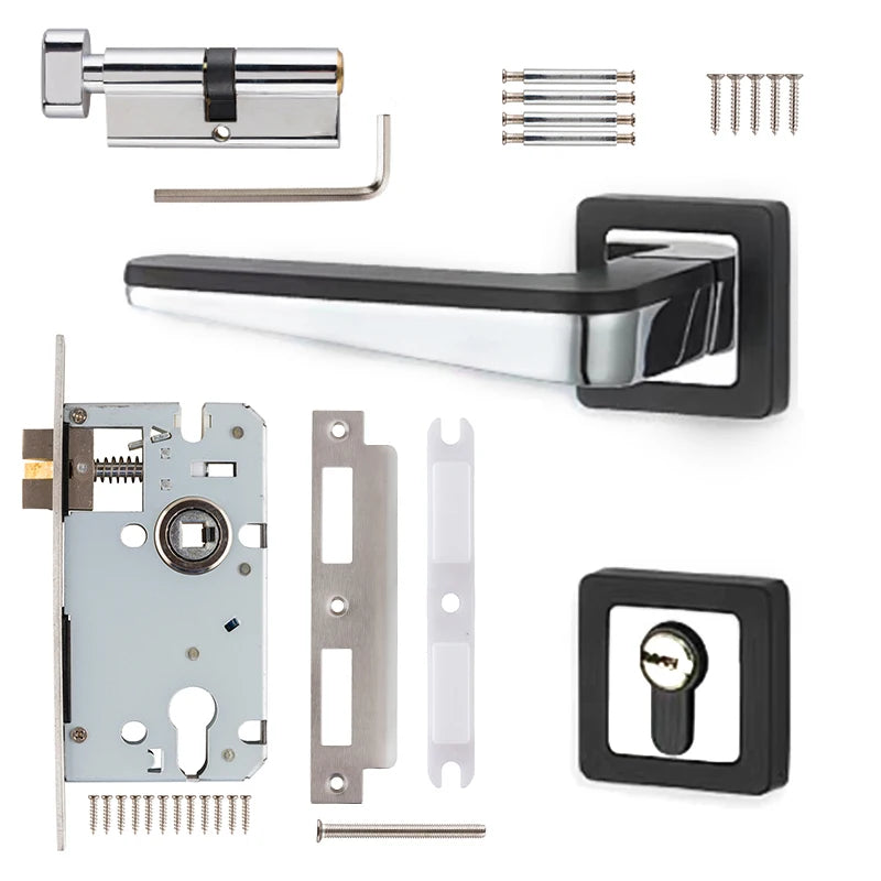 Mortise Matt Black Square Rosette Chrome Lock Modern Zinc Alloy Interior Lever Wooden Door Handles Set for Hotel Use 5 Year