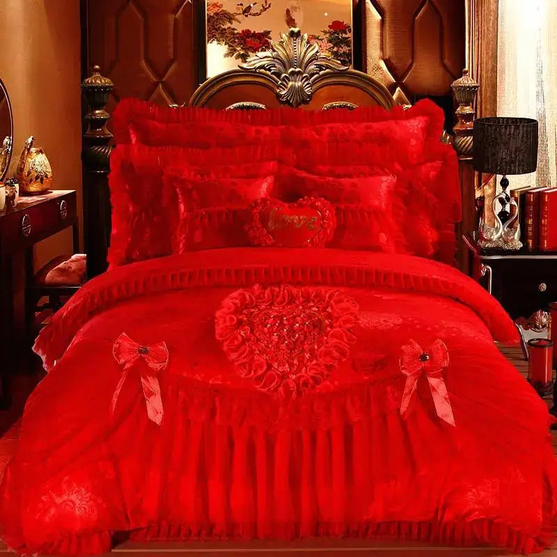 Wholesale Red Luxury Wedding Bedding Set Multi Piece Ruffle Bow Heart Design Bridal Bedding for Wedding Bedroom Decor MegaBDM