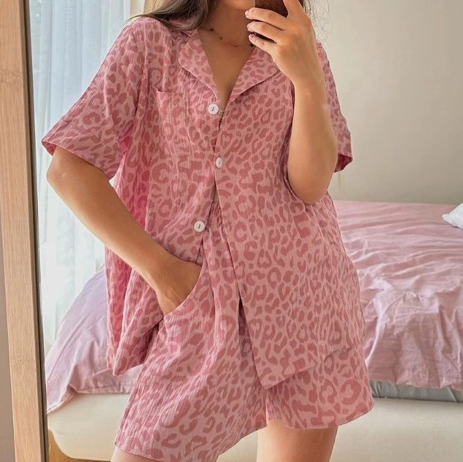 New Fashion Pajamas 2 Piece Short Sleeve Short Pant Lounge Wear Home Leopard Print Women's Sleepwear