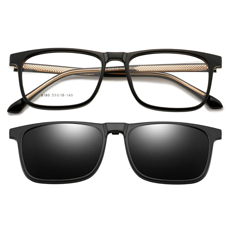Unisex High Quality Black TR90 Optical Frame Sunglasses Polarized Lenses Light Weight Full Rim Square Magnetic Clip