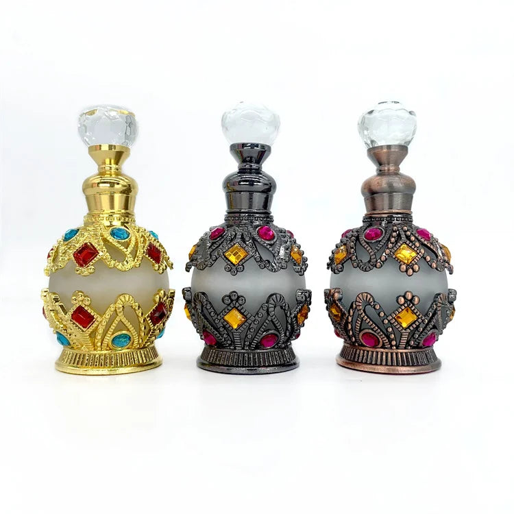 15ml Gold Black Rose Gold Luxury Alloy Metal Glass Oil Perfume Bottle Arab Style Bronze Spray Perfume Bottle Stock
