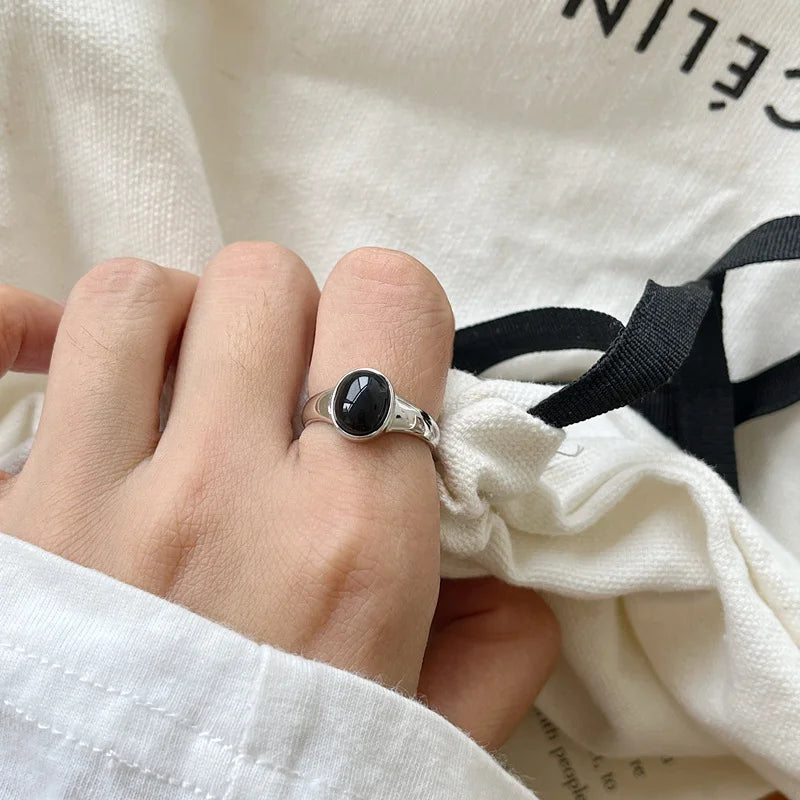 Natural Black Agate Onyx Oval Stone Open Adjustable Ring Natural Stone Silver Jewelry Agate Silver Ring