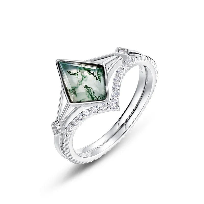 CZ Silver Ring Engagement Wedding Commitment Green Moss Agate Gemstone Ring 925 Sterling Silver Wholesale Jewelry