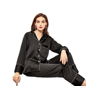 Fung 6001 Women's Silk Pajamas Satin Nightwear Long-sleeved Trousers Two Piece Home Wear Casual Plus Size Sleepwear