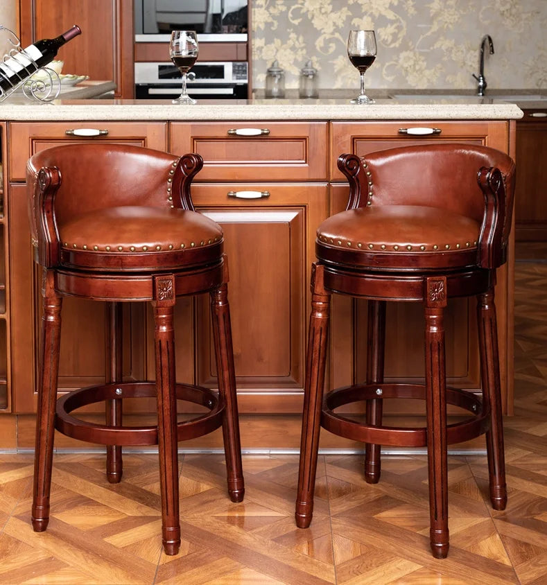 Modern Designer Head Layer Cowhide Solid Wood Willow Nail High Bar Chair Bar Furniture