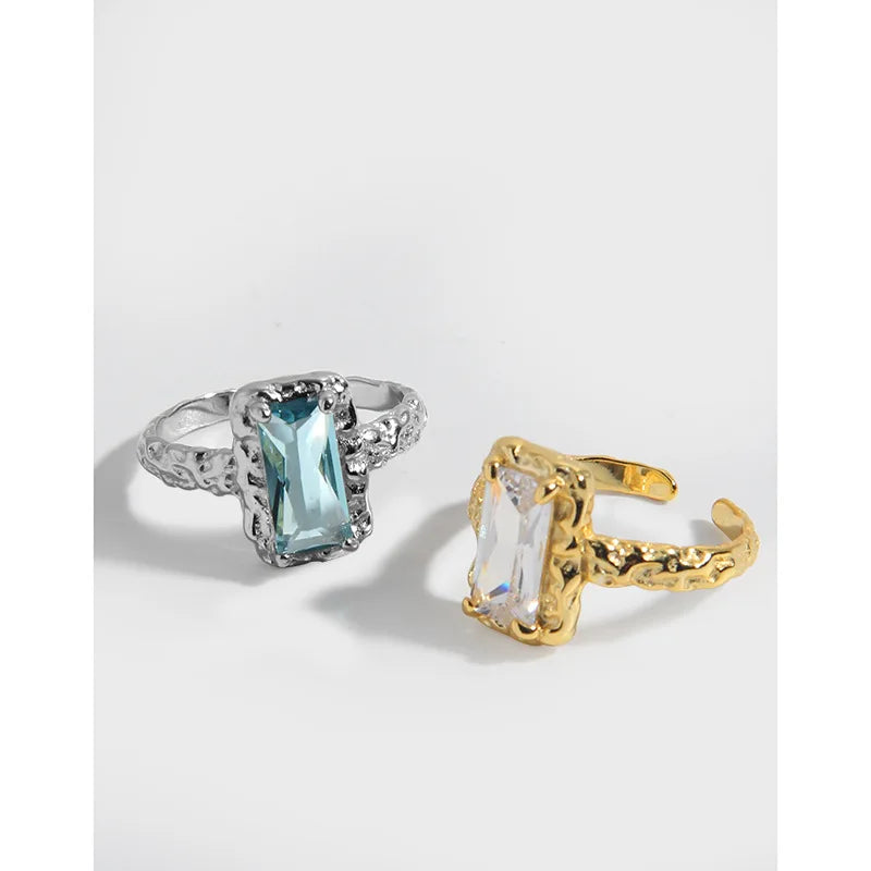 Big Blue Crystal Stone 18K Gold Plated Texture Rings 925 Sterling Silver White Zirconia Ring