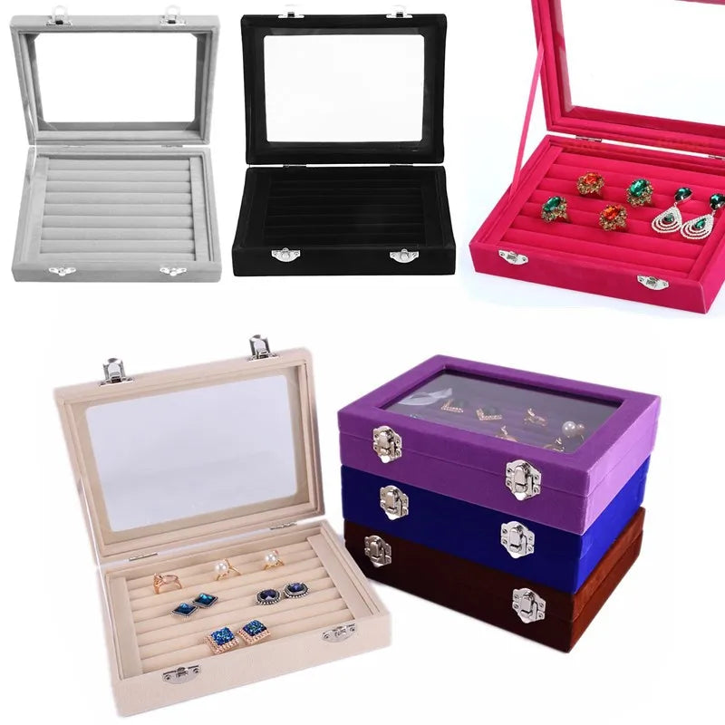 Small Blue Velvet Finger Rings Earrings bar Packing Box Display Jewelry Packaging Tray Jewelry Box With Glass Cover Supplier