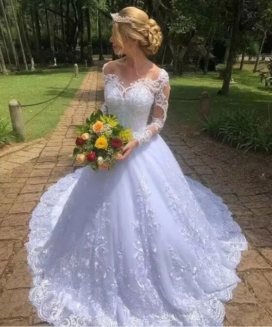 Vestido De Noiva Long Sleeve Wedding Dress Robe Princess Puffy Mariage Plus Size Long Train Bridal Wedding Gowns MW481