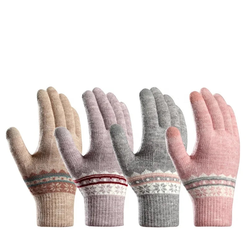 Landfond Accessory Winter Unisex Warm Jacquard Knitted Touch Screen Gloves Double Soft Nap Thicken Gloves