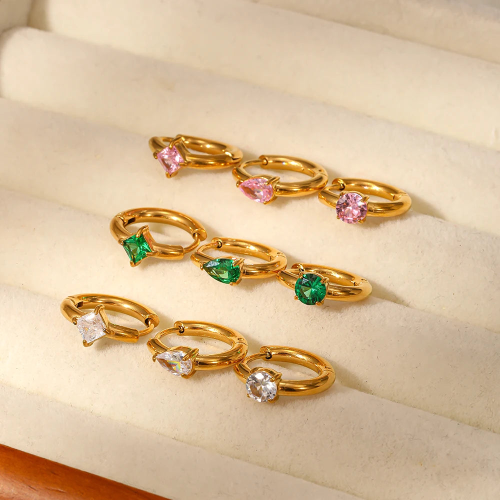 Best Seller Vintage Square  Waterdrop Round Zircon Huggies Earrings 18K Gold Plated Stainless Steel Huggies Hoop Earring