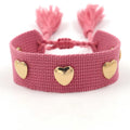 Ethnic Jewelry Golden Heart-shaped Metal Rivets Webbing Wristband Adjustable Size Color Tassel Bracelet for Women