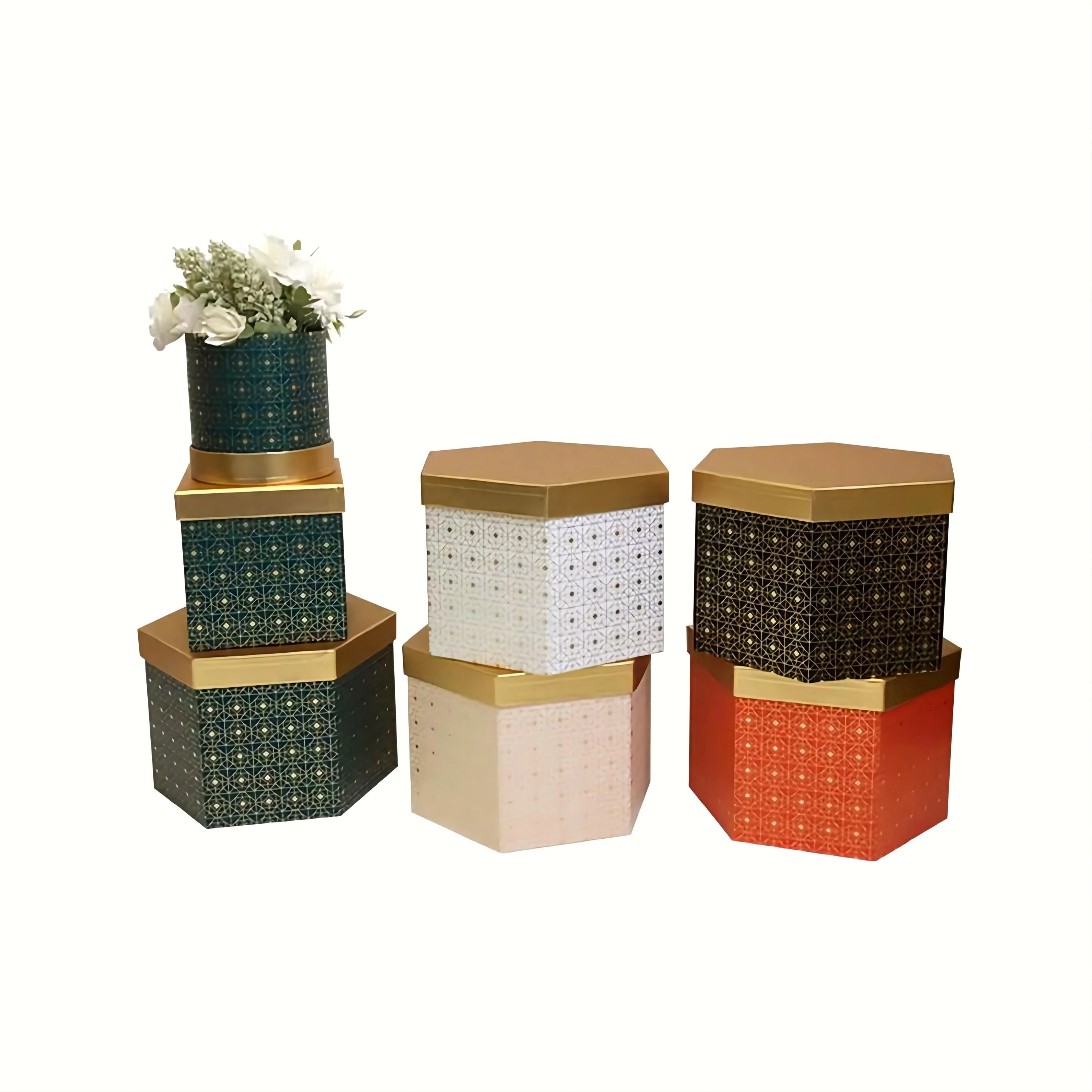High-End Spot Multi-Shape Combination Flower Box Three-Piece Golden Bronzing Cardboard Gift Box with Embossing Matt Lamination