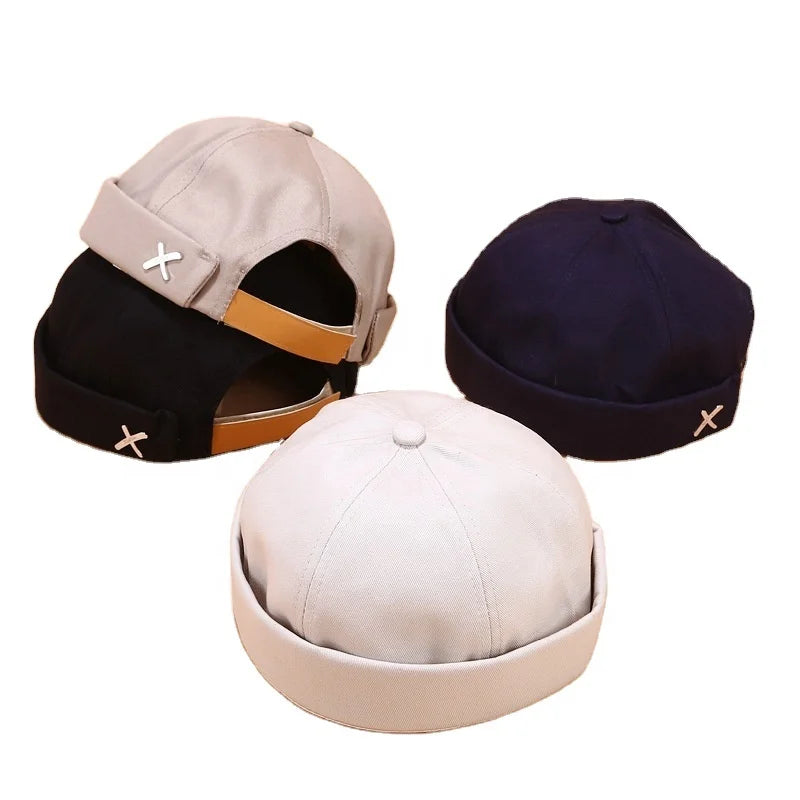 MIO Logo Factory Metal Cross Studded Retro Baseball Cap Solid Color Docker Capless Cap Adjustable Brimless Hat