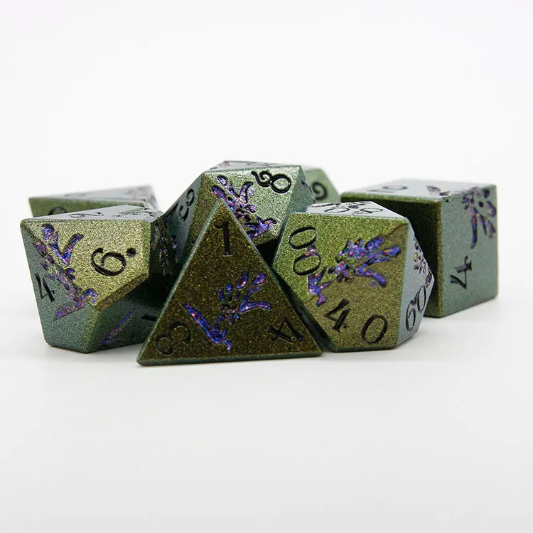 Factory Wholesale 7pcs Army Green Polyhedral Metal Zinc Alloy DND Dice Set with Custom Logo Metal Tin Box Packaging