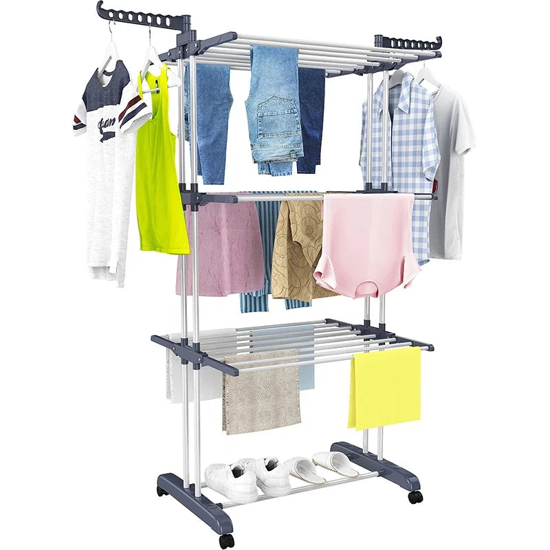 3-Tier Foldable Metal Plastic and Iron Clothes Drying Rack Indoor and Outdoor for Bathroom and Laundry Drying Rack
