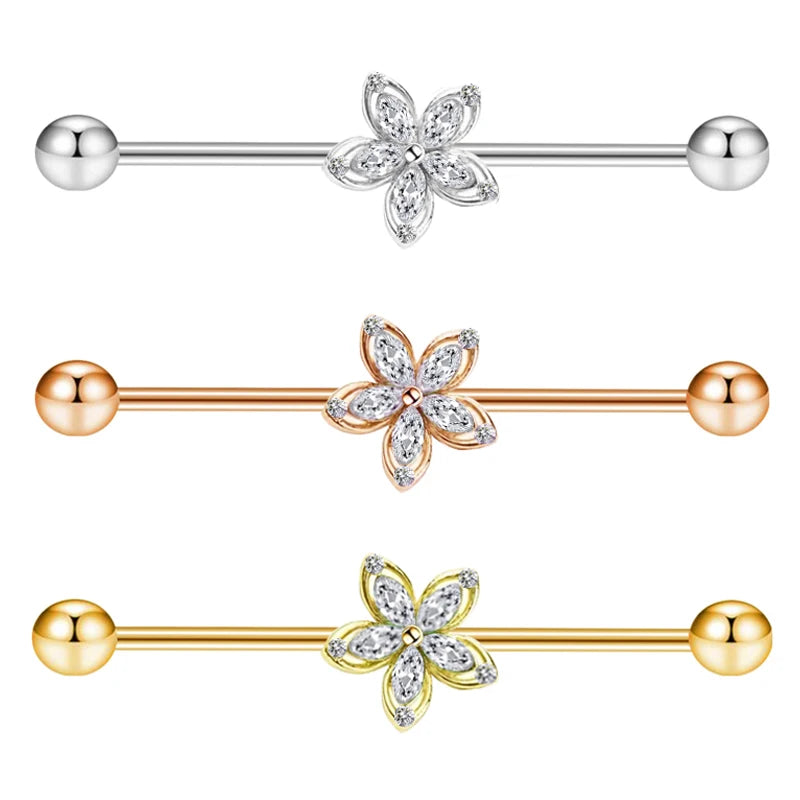 Stainless Steel Flower Industrial Earrings Long Barbell 14G Amber Bar Piercing Tragus Wedding Engagement