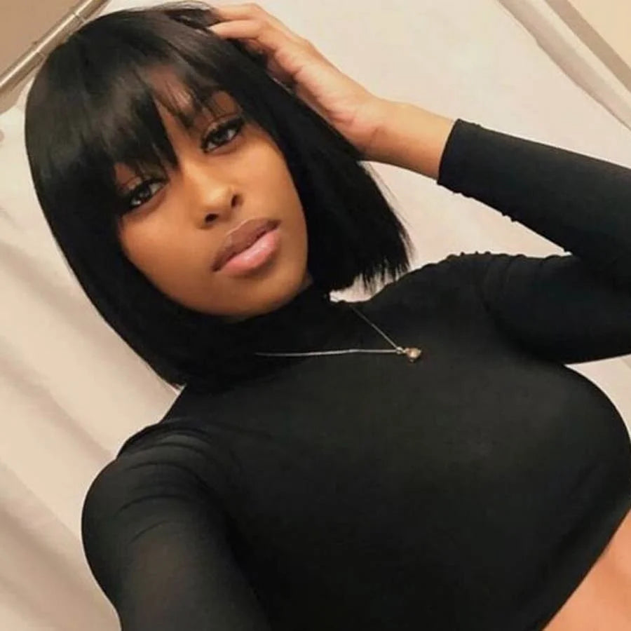 Wholesale for Brand 10A Grade Straight Short Bob Bangs Glueless Virgin Brazilian Human Hair for Color Black Women Wig