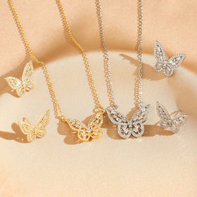 SC Jewelry 2024 Luxury Full Zircon Pendant Necklace Stud Earrings Cubic 18k Gold Plated Stainless Steel Butterfly Jewelry Set