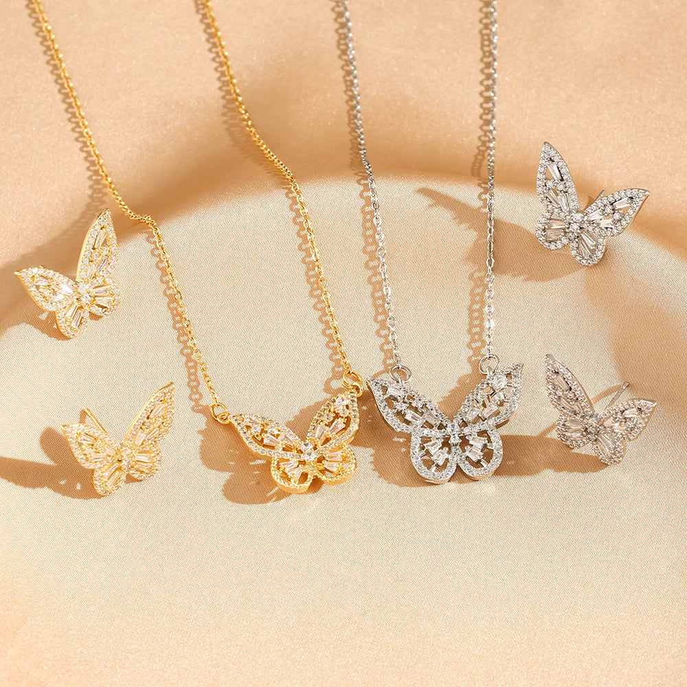 SC Jewelry 2024 Luxury Full Zircon Pendant Necklace Stud Earrings Cubic 18k Gold Plated Stainless Steel Butterfly Jewelry Set
