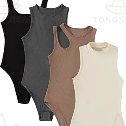 Wholesale Custom Logo Sleeveless Waisted Buckle Women Bodysuit Compression Ribbed Bodysuits for Women