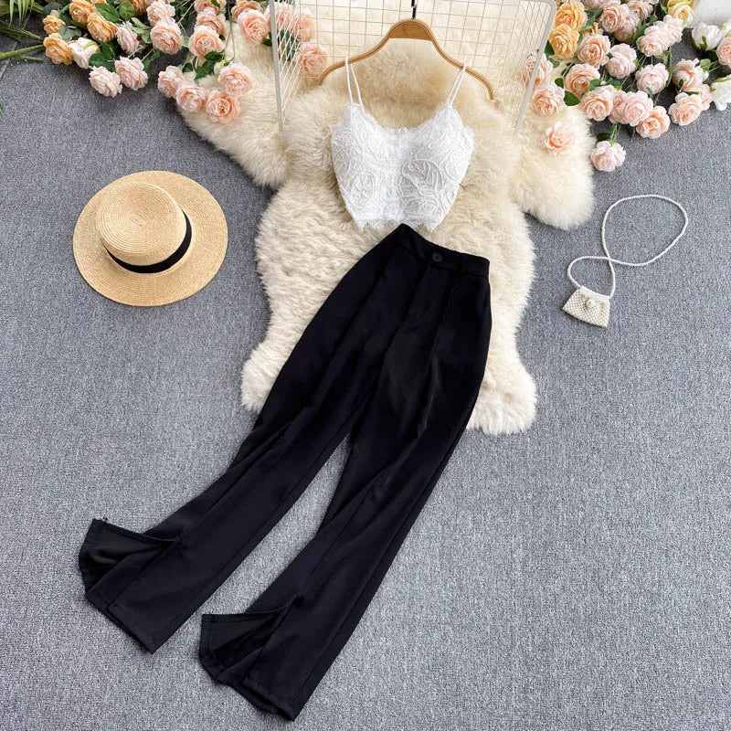 Suit New Women's Camisole Short Top High Waist Wide Leg Pants Two Piece Set