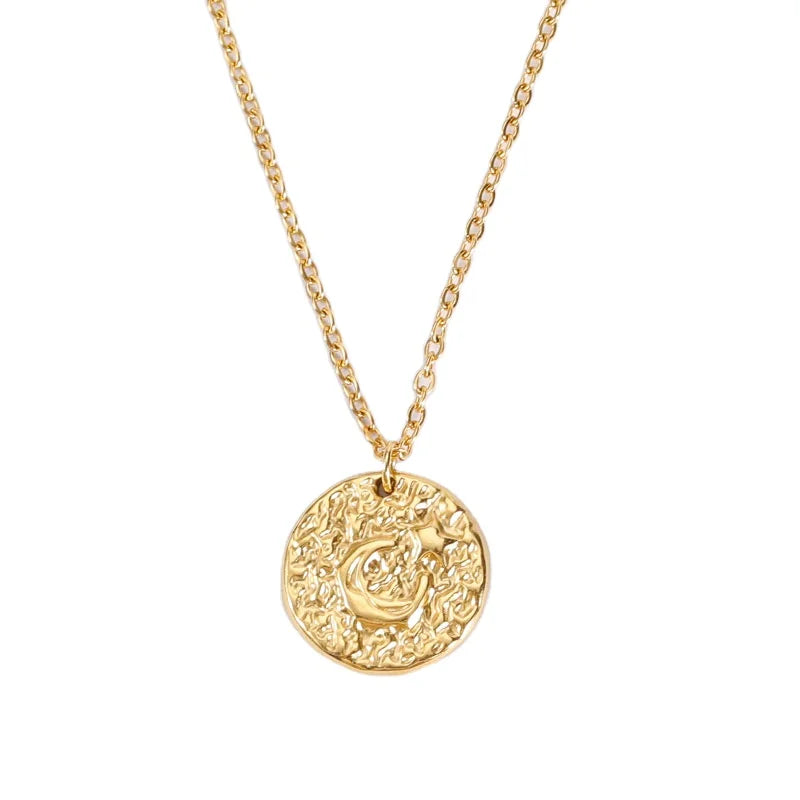 New Design 18k Gold Plated Stainless Steel Irregular Pendant Necklace Hammered Surface Moon Star Necklaces